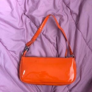 Y2K 2000s Orange patent faux leather shoulder baguette hand bag purse preppy